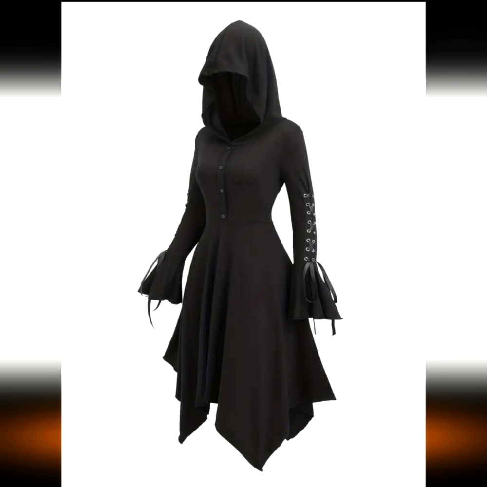 Black Asymmetrical Bell Sleeve Dress with Hood